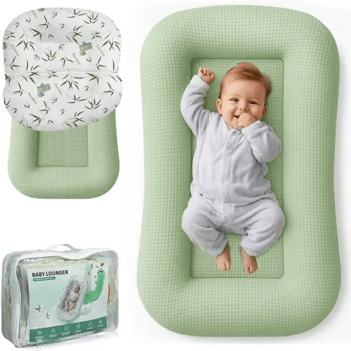 Baby Lounger for Newborn - Infant Lounger 0-24 Months with Lounger Cover, Cooling Baby Nest Lounger, Breathable Waffle Fabric & 3D Support, Portable Newborn Essentials, Green