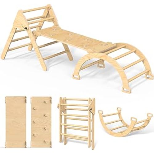 7 in 1 Montessori Pikler Triangle Set, Foldable Wooden Pickler-3 Piece Baby Climbing Gym Toddler Climbing Toys Indoor with Arch, Ramp, Ladder