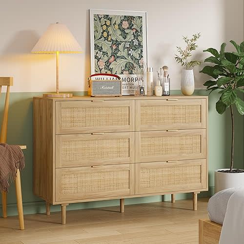 Furnideco Rattan Dresser for Bedroom 6 Drawer Wood Nursery Dresser with Solid-Wood Legs Boho Chest of Drawers Beside Table for Bedroom, Living Room, Natural