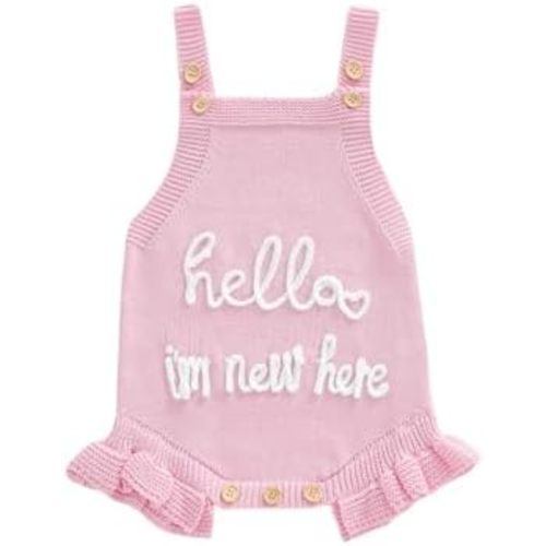 Hello I am New Here Baby Girl Outfit Ruffle Letter Embroidery Sleeve less Knit Sweater Romper Winter Clothes