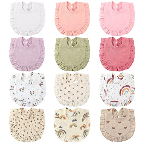 Geyoga 12 Pack Muslin Baby Bibs Adjustable Bandana Drool Bib for Unisex Cotton for Infants Boys Girls Teething