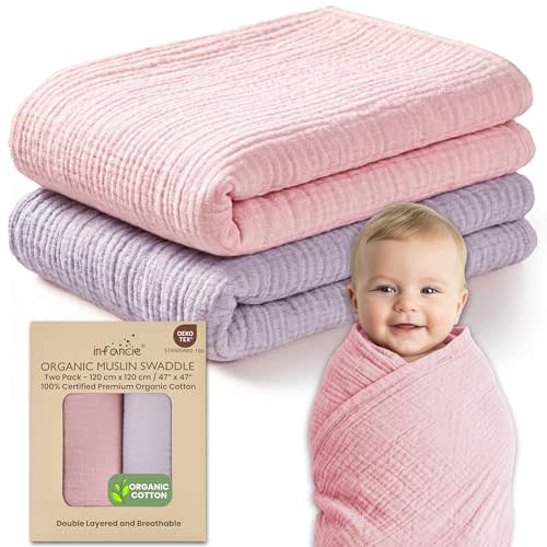 infancie 100% Organic Cotton Muslin Baby Blanket - 47 x 47 Inch Breathable Baby Swaddle Blanket, Hypoallergenic Double-Layer, Soft Newborn Baby Blanket for Everyday Use (Light Pink/Light Purple)