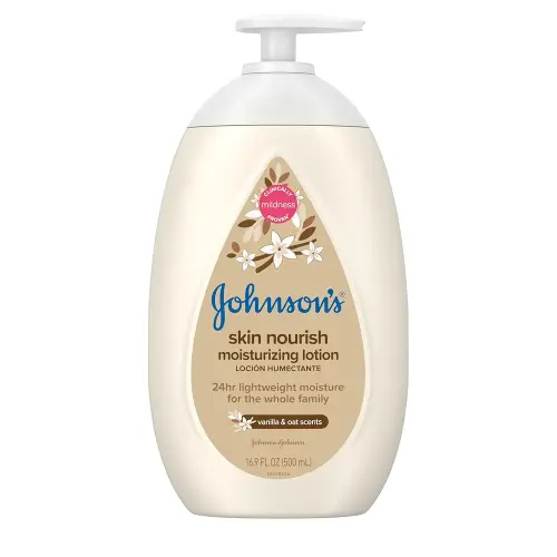 Johnson's Skin Nourish Moisturizing Baby Lotion for Dry Skin with Vanilla & Oat Scents, Gentle & Lightweight Body Lotion for the Whole Family, Hypoallergenic, Dye-Free, 16.9 fl. oz
