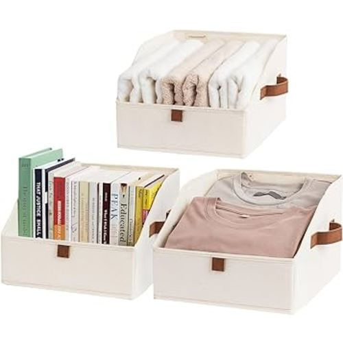 StorageWorks Closet Organizer Bins, Trapezoid Storage Box, Fabric Storage Baskets for Shelves, Small, Ivory White, 3-Pack