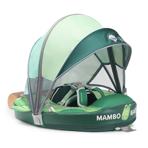Mambobaby Float Add Tail Baby Swim Float with Canopy Solid Pool Infant Swim Trainer Swimming Training Lying Air Free Water Floats Non-Inflatable Waist Swim Ring for Toddlers (Crocodiles)