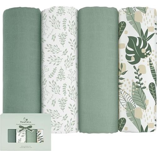 Yoofoss Muslin Swaddle Blankets, 4 Pack Receiving Blankets for Boys and Girls, 47 x 47 Inches Muslin Baby Blankets Soft Breathable - Green