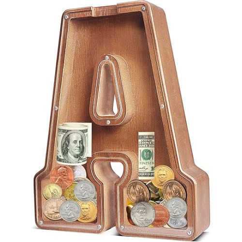 UBeesize 12in Extra Large Wooden Piggy Bank,Letter Piggy Bank for Boys Girls,Money Coin Bank for Kids,Christmas,Birthday,Children“s Gift and Home Office Decoration(A)