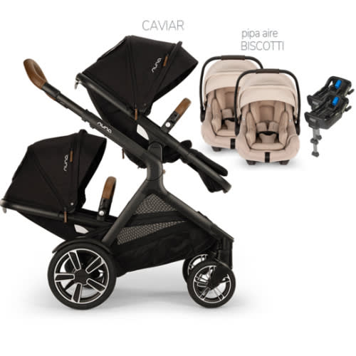 Nuna® DEMI™ Next TWIN Stroller: Caviar + 2 PIPA Aire Car Seats: Biscotti
