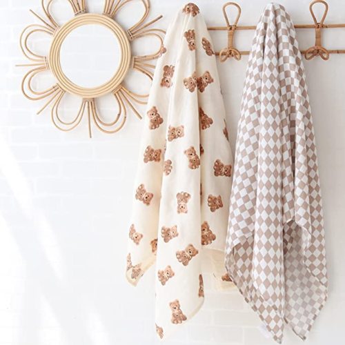 LifeTree Muslin Swaddle Blankets Neutral, Baby Swaddling Wrap Nursery Blanket for Boys & Girls Unisex, Soft 70% Viscose from Bamboo and 30% Cotton, Large 47 x 47 inches, Bear & Checkered Coffee