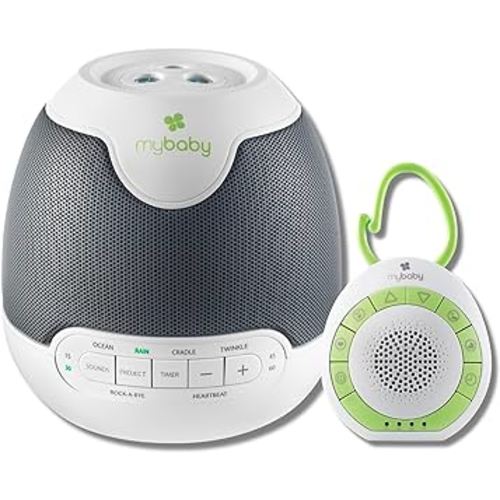 MyBaby Travel Bundle. Lullaby Sound Machine & Projector with 6 Sounds and Projects Soothing Images + MyBaby Clip Baby Sound Machine with 4 Soothing Sounds, Integrated Clip, Small and Lightweight