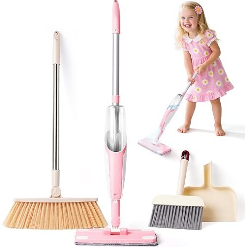 Kids Cleaning Toy Set,Pink Mini Spray Mop Montessori Toys Pretend Play Cleaning Tool for Toddlers with Spray Mop & Kids Broom Dustpan Set Cleaning Toys Gift for Toddlers Girls Boys Age 3+
