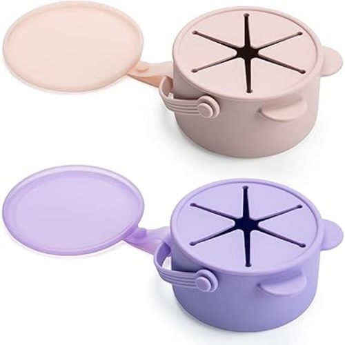 Silicone No Spill Snack Cups for Toddlers – Portable Baby Snack Cup Containers with Dustproof Lid – Dishwasher-Friendly Toddler Spill Proof Cups Without BPA, Lead, or Phthalates – Pink and Lilac