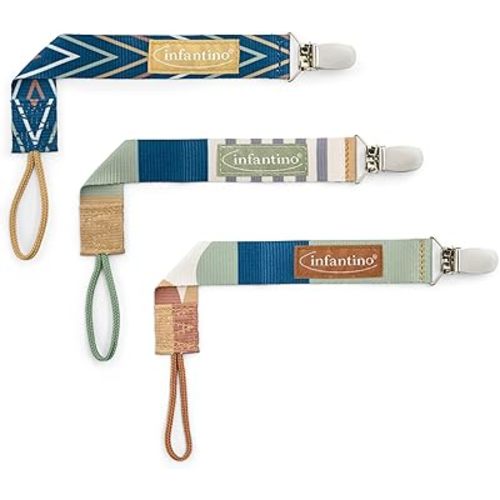 Infantino 3-Pack Pacifier Clip Holders, Universal Fit, Gentle on Clothes, Keeps Pacifiers Clean & Close, Ages 0-36 Months, Geometric Blue