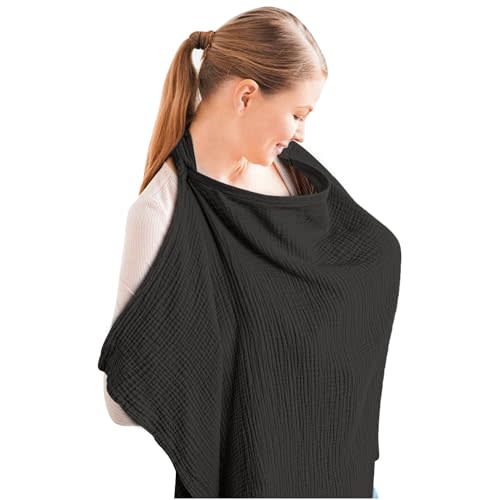 Konssy Muslin Nursing Cover for Baby Breastfeeding, Breathable 100% Cotton Breastfeeding Cover with Rigid Hoop for Mother Nursing Apron, Multi-use Carseat Canopy (Black)
