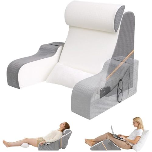 5PCS Reading Pillow for Sitting in Bed Adult, 2 in 1 Foldable Back Wedge Pillow for Sleep, Ergonomic Back Support Pillow with Arms for Watching TV, Gaming, Working, Recovery, 19” White/Grey