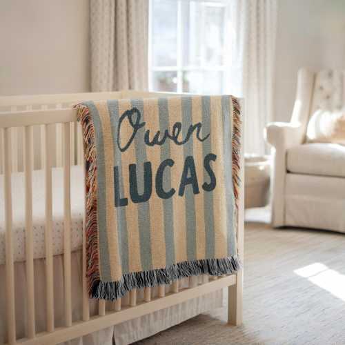 Striped Baby Blanket, Custom Name Baby Blanket, Personalized Woven Throw Blanket For Newborn