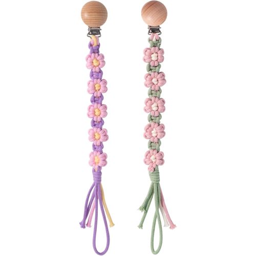 Pacifier Clip for Boys Girls Floral Daisy Macrame Paci Clip Pacifier Holder Leash Boho Wooden Clips Handmade Braided Cotton Unisex Baby Shower Birthday Gift