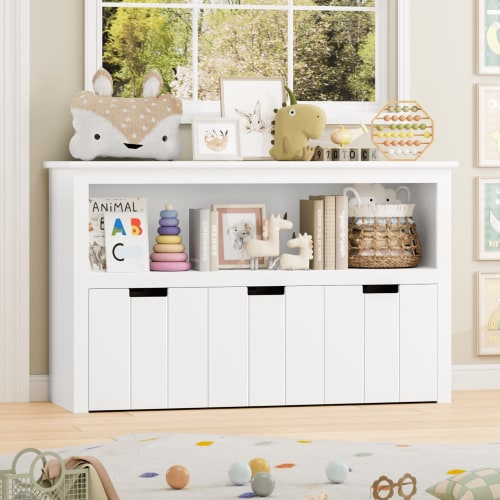 Homfa Kids Toy Storage Organizer, White MDF Cabinet with Shelves, 3 Drawers on Wheels