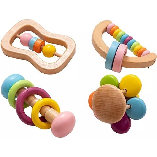 4pc Organic Colorful Baby Rattle Set Safe Food Grade Wood Rattle Soother Bracelet Teether Set Montessori Toddler Toy multicolored