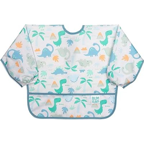 Bumkins Sleeved Bib for Girl or Boy, Baby and Toddler for 6-24 Mos, Essential Must Have for Eating, Feeding, Baby Led Weaning Supplies, Long Sleeve Mess Saving Food Catcher, Fabric, Dinosaur Gray