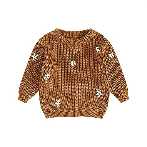 Baby Girl Cable Knit Sweater Long Sleeve Boho Floral Embroidery Oversized Sweatshirt Warm Fall Winter Clothes