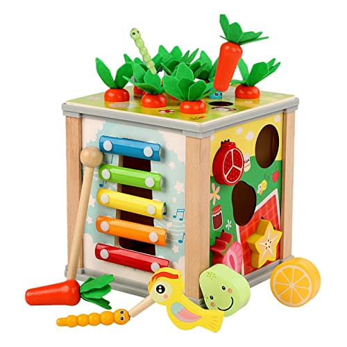 6 in 1 Wooden Toddler Toys, Montessori Toys for Babies, Early Education Baby Toy Gifts with Shape Identification, Xylophone, Clock, Bird Catch Worm, Carrot Harvest, Rotate Gear, Preschool Sensory Toy