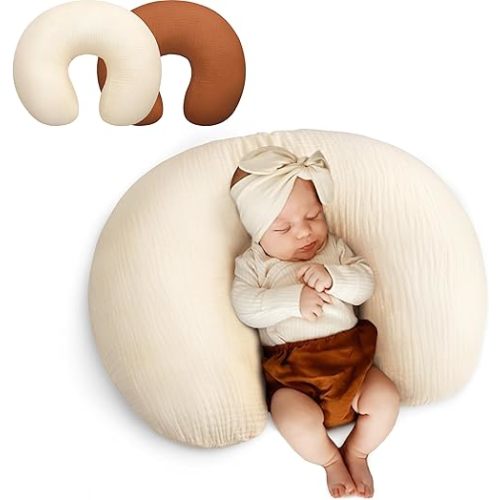 Pro Goleem Muslin Nursing Pillow Cover, 100% Cotton Soft Breathable Feeding Pillow Slipcover for Breastfeeding Moms, Fits Standard Infant Nursing Pillow, for Boys and Girls, 2 Pack (Brown&Beige)
