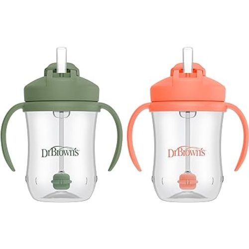 Dr. Brown's Milestones, Baby's First Straw Cup Sippy Cup with Straw, 6m+, 9oz/270ml, 2 Pack, Coral & Olive Green, BPA Free