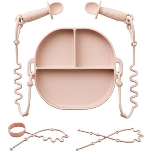 Andy Bear Silicone Plates for Babies with Suction Divided Baby Spoons Silicone Baby Toy Straps All-in-one Plates Silicone Placemat for Babies Toddlers Attachable Tethers & Built-in Suction Cups-Blush