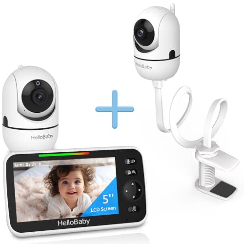 HelloBaby Clip Clamp Mount Baby Monitor with 2 Cameras, 5'' Screen, and 26-Hour Battery - No-WiFi Baby Monitor with Flexible Gooseneck Arm