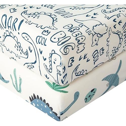 SDIII 2 Pack Dinosaur Crib Sheets for Boys Girls, 100% Breathable Jersey Microfiber, Fit Crib Mattress 52×28in, Cute Dinosaur Crib Bedding Sheet