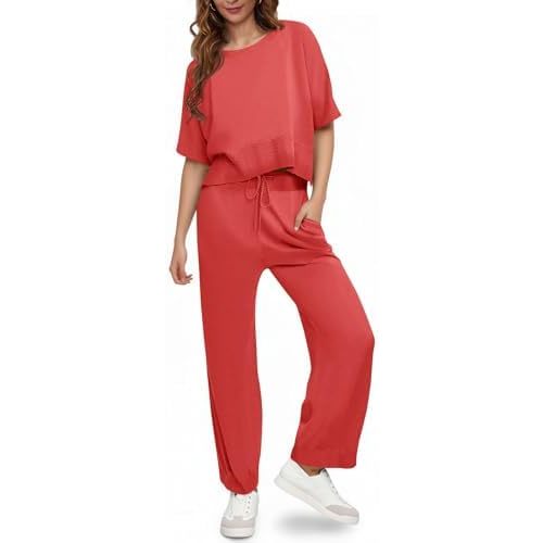 Fisoew Womens 2 Piece Outfits Sweater Sets Knit Split Crop Tops High Waisted Pants Lounge Set
