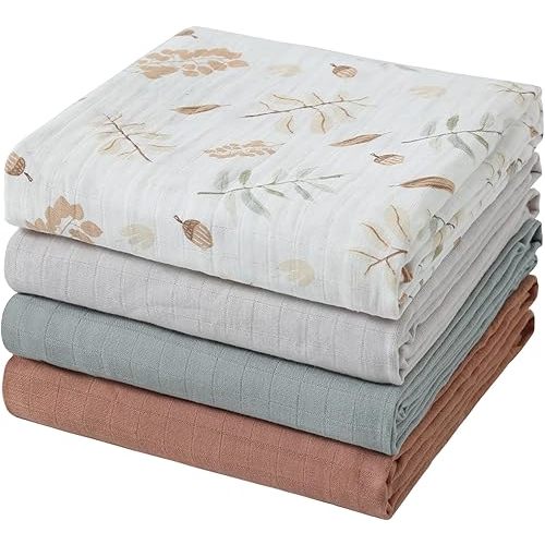 Muslin Swaddle Blankets for Boys & Girls, 4 Pack Receiving Baby Blanket for Newborns, Large 47 x 47 Inches, Soft Breathable Baby Swaddles, Acorn & Earthy Colors