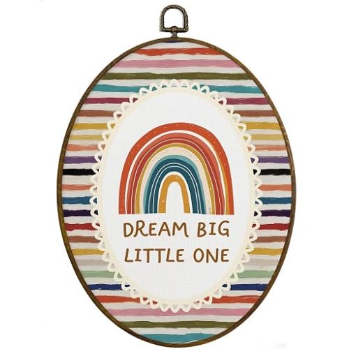 MAQIKA Boho Rainbow Nursery Framed Oval Wall Art Decor, Kids Room Oval Wall Hanging Decor, Dream Big Little One Colourful Striped Canvas Prints Wall Art for Kids Room Bedroom Classroom, 8.7x11.3 Inch