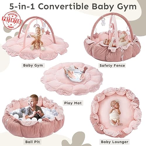 5-in-1 Thick & Plush Baby Play Gym, Baby Play Mats for Floor, Tummy Time Mat with 6 Toys, Cat Bed Dog Bed, Convertible Stage-Based Developmental from Baby to Toddler, Ball Pit, Pet Cushion Cloudico