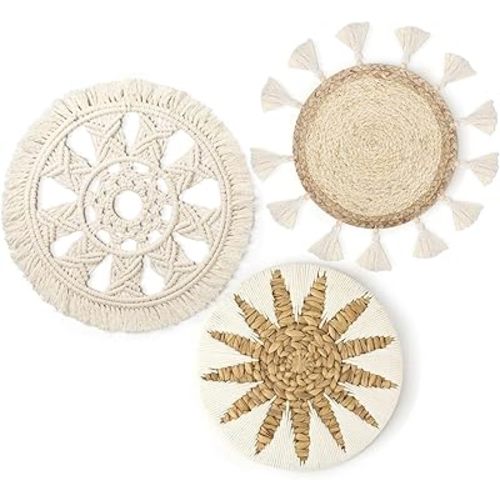 Unittype 3 Pcs Boho Wall Basket Decor Rattan Wall Hanging Decoration Flat Round Wicker Tapestry Woven Tapestry Art Woven Circle Basket for Home Bedroom Living Room, 12''
