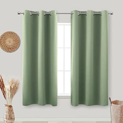 KOUFALL Short Curtains for Kitchen Window Over Sink,Blackout Thermal Cafe Curtain Sage Green 45 Inch Length 2 Panels Set