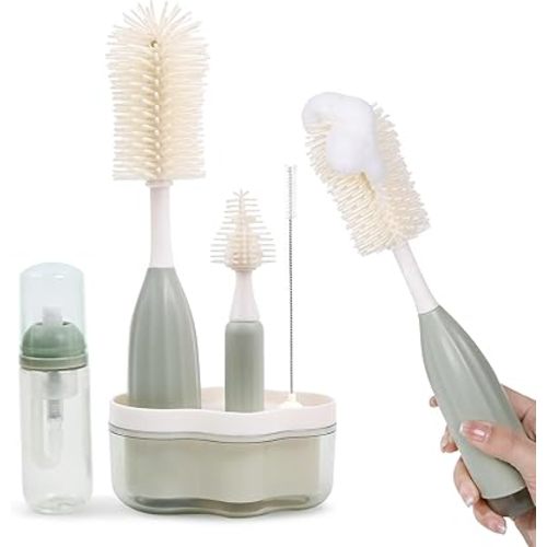 Bottle Brush Kit, Press to Foam Baby Bottle Brush- Baby Bottle Cleaner Brush for Baby Bottle with 3 Different Brush Heads (Green)