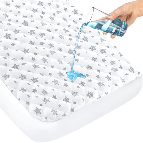 Crib Mattress Protector Waterproof, Quilted Crib Mattress Pad Cover 52'' x 28'' Extra Soft Breathable Toddler Bed Cover Fitted Crib/Toddler Mattress Stretch Up to 8", White Star