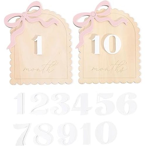 2 Pcs Baby Monthly Milestone Cards - Wooden Photo Props for Newborn, First Year Keepsake (0-12 Months) - New Mom Present, Boy Girl Announcement Sign (Pink Bow)