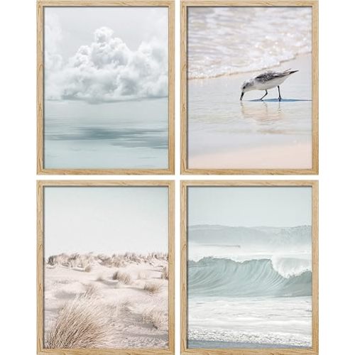 SIGNWIN Framed White Nautical Ocean Sea Beach Grass Seagull Wall Art, Set of 4 Landscape Colorful Wall Decor Prints, Nature Wilderness Wall Décor for Living Room, Bedroom - 8"x10" Natural