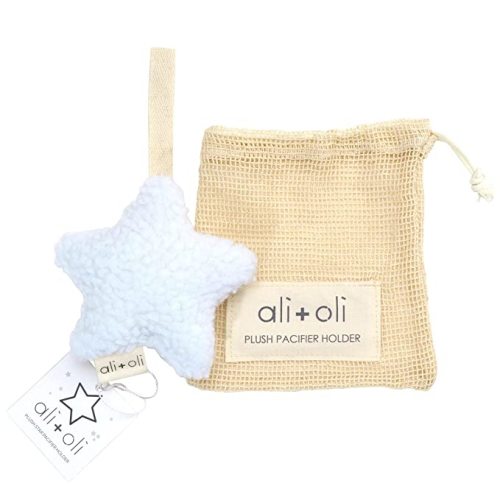 Ali+Oli Plush Pacifier Holder (Star-White) Soft Binky Holder for Babies, Plush Holder for Pacifiers, Cute Baby Binkies Plush Holder, Pacifier Holder for Baby Boys & Girls, Baby Toy with Cute Decor