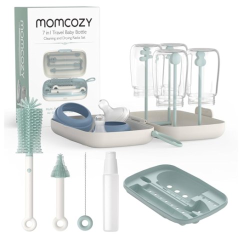 Momcozy Bottle Brush Set - Baby Bottle Cleaner Kit with Silicone Brush, Nipple Brush, Straw Brush, Soap Dispenser, Drying Rack - 7 in 1 Bottle Cleaning Tool for Home and Travel, Green