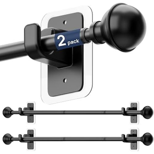 ENJOYBASICS 2 Pack No Drill Curtain Rods for Window 28 to 48 Inches, 5/8 Inch Diameter Renter Friendly Drapery Rod with Adhesive Brackets Without Drilling, Adjustable from 27 to 52 Inches, Black