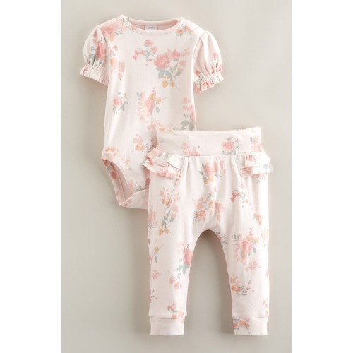 Print Cotton Bodysuit & Ruffled Joggers Set
