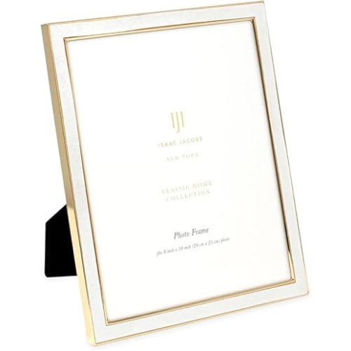 Isaac Jacobs 8x10 White Leather with Gold Metal (Vertical & Horizontal) Picture Frame, Suede Border w/Black Fabric Easel, Wall-Mountable, Made For Tabletop, Photo Gallery (8x10, White W/Gold)