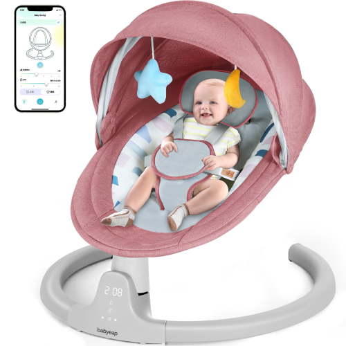 Babyeap Baby Swing for Infants - APP Remote Bluetooth Control, 5 Speed Settings, 10 Lullabies, USB Plug (Pink)