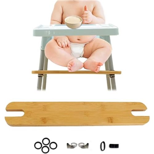 High Chair Foot Rest, Non-Slip Height-Adjustable Baby Highchairs Pedal with 4 Rubber Rings, 2 Hose Clamp, 2 Rubber Sleeves, Suitable for Most High Chair Accessories (Bamboo Footrest)