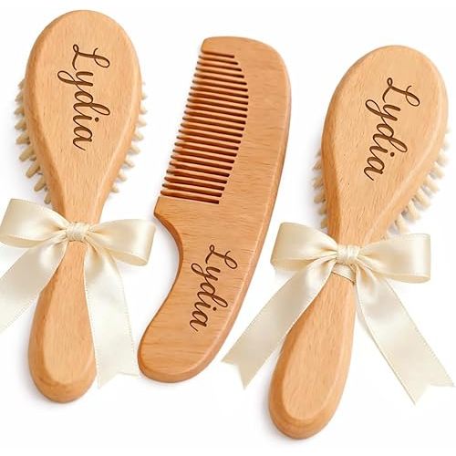 3Pcs Personalized Wooden Baby Hair Brush and Comb Bristles,Custom Newborn Soft Hair Baby Gift