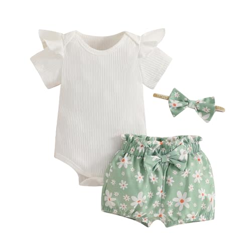 CIYCUIT Baby Girl Outfits – Summer Ruffle Ribbed Bodysuit Floral Print Shorts & Bow Headband – 3-Piece Infant Clothes Set